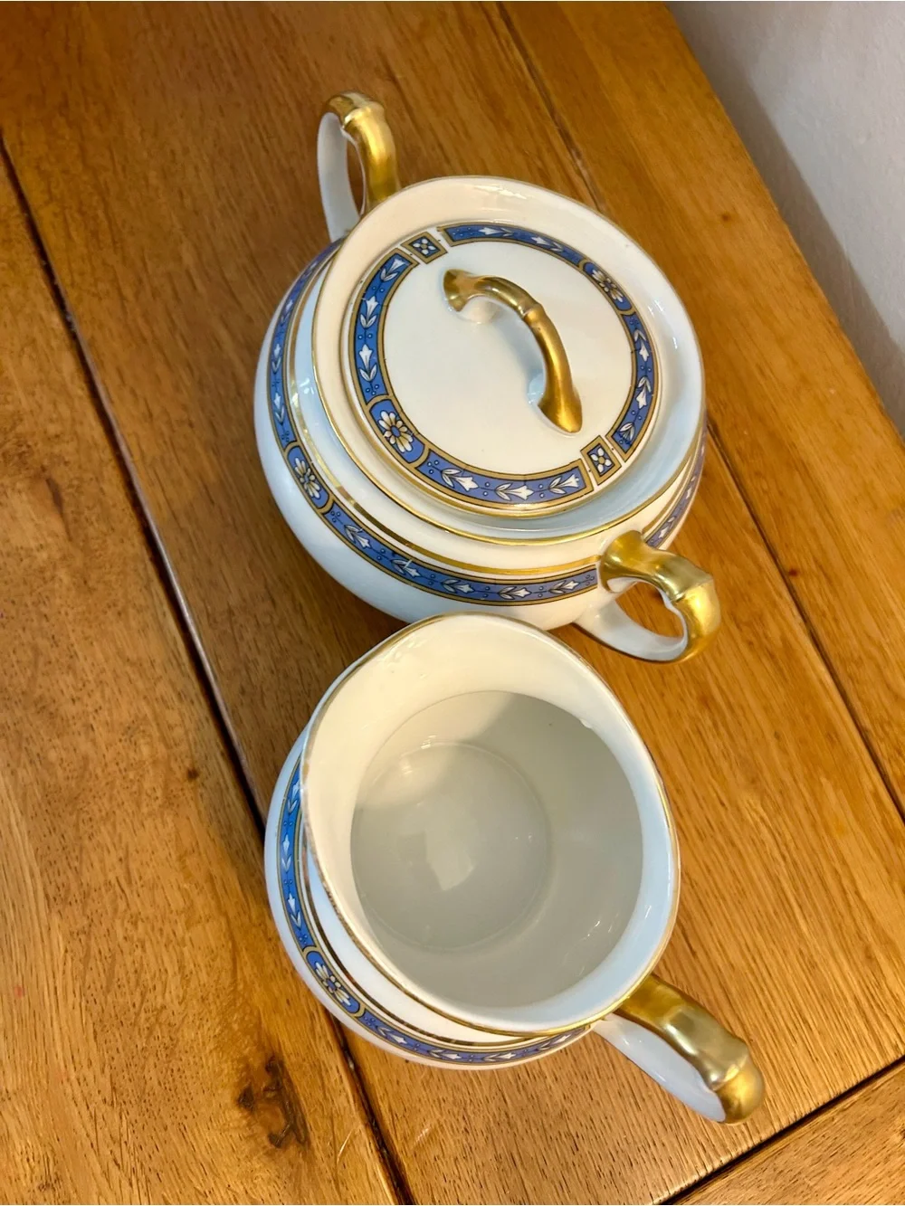 Vintage White Porcelain Sugar Bowl and Creamer Set with Blue